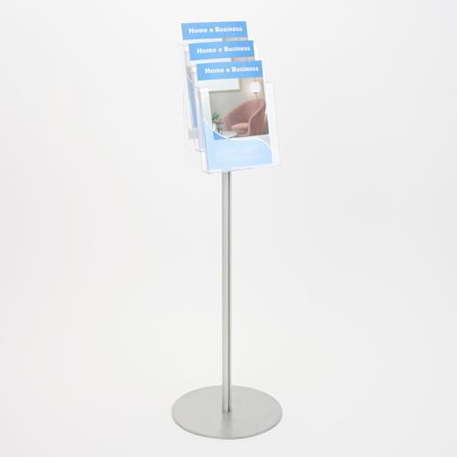 Danieli - Porta Depliant da Terra in Acrilico Trasparente A4 con 3 tasche, per Riviste e Brochure. Porta Volantini Resistente da Utilizzare come Espositore per Ufficio e Negozi. (Alluminio Silver)