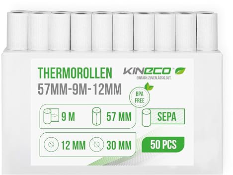 Kineco Ec-Cash Kassenrollen 57mm x 9m x 12mm - Thermorollen, Thermopapier, Bonrollen für Bankomat - Kredit-Kartenlesegeräte (57x30x12) - mit SEPA-Lastschrifttext (50 Rollen)