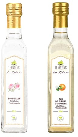 Set of Orange Blossom Water & Rose Water - Origin Lebanon - Artisanal Distillation - No Artificial Flavors - Ideal for Pastries, Drinks, and Fruits - Fair Trade Certified - 2x25cl - Terroirs du Liban