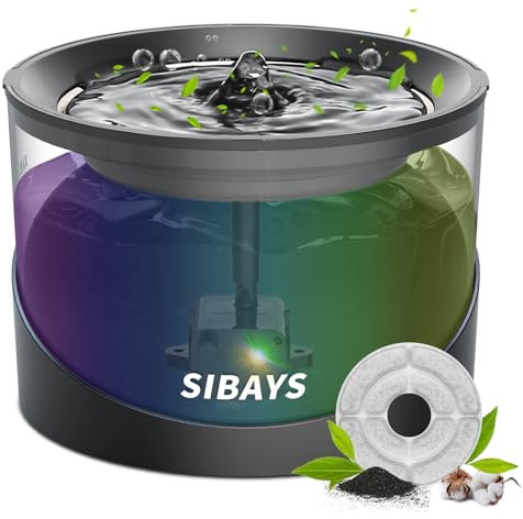 SIBAYS 74oz/2.2L Katzenbrunnen, Trinkbrunnen für Katze Hunde, Automatischer Wasserbrunnen für Haustier, Geräuscharme Wasserpumpen, Aktivkohlefilter, Buntes LED-Licht
