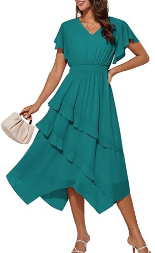 GRACE KARIN Women Sun Dress Casual Ruffle Sleeve Elastic Waist Midi Dresses XL Blue-Green