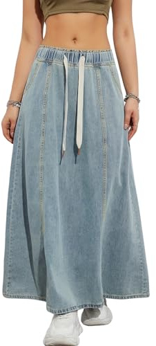 yoeasy Falda de mezclilla elástica con cordón para mujer, cintura alta, casual, acampanada, acampanada, larga, Azul/claro, XS