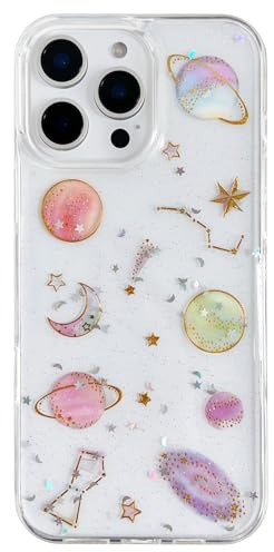 AMART Clear Case for iPhone 16 Pro Max,Cute Glitter Planet Star Universe Pattern Design Phone Case, Slim Soft TPU Silicone Phone Cover for iPhone 16 Pro Max