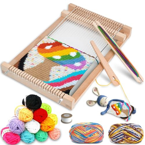 Bibykivn Métier à Tisser En Bois, Machine à Tricoter à la Main Bricolage, Kit de Métier à Tisser pour les Enfants de 6 à 12 Ans, Avec Iaine Colorée pour débutants et enfants