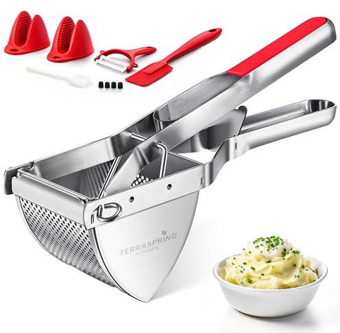 TerraSpring Potato Ricer – Heavy Metal Tested - Stainless Steel Masher with Red Handle – Perfect for Smooth Mash, Gnocchi & Baby Food – 6-Piece Set with Peeler, Spatula & Oven Mitts – Dishwasher Safe