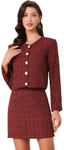 Allegra K Tweed Blazer Set for Women's Elegant Work 2 Piece Blazer Skirt Suit Dark Red S