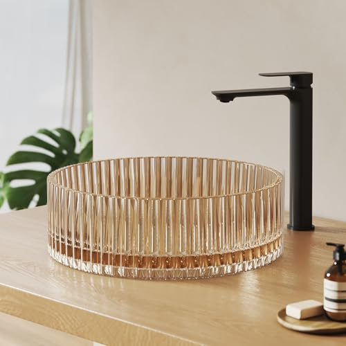 EMKE Vasque à Poser en Verre Rond 40 × 40 × 12 cm,Or rose | Lavabo Design en Verre Grand Volume pour Salle de Bain et WC Invités, Sans Trou pour Robinet(Robinet Non Inclus)