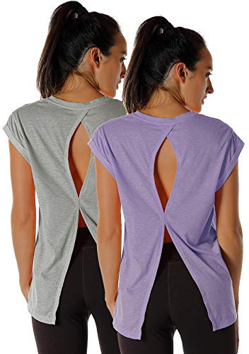 icyzone Dam fitness yoga kortärmad skjorta rygglös gym topp sport t-shirt, 2-pack, Grå/lavendel, M