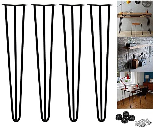 28 inch Metal Table Legs 71cm Black Steel Hairpin Table Leg Sturdy 3 Rod Mid Century Modern Furniture Industrial Style 10mm for Desk Dining Table DIY Furniture with Protector Feet & Screws (Set of 4)