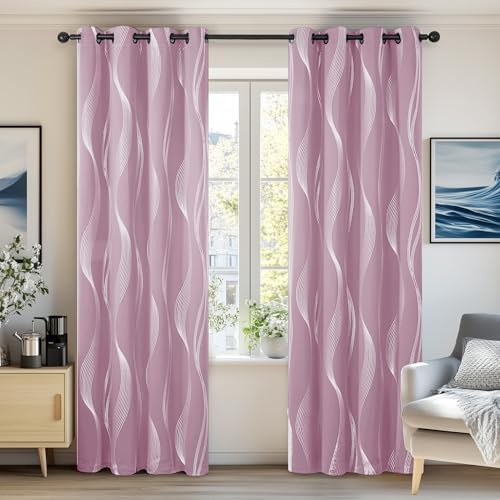 Deconovo Decorative Silver Wave Line Foil Printed Blackout Curtains Thermal Insulated Eyelet Curtains for Baby Nursery 52 x 72 Inch Light Pink Two Panels