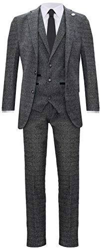 Tru Clothing Abito da Uomo Grigio Classico 3 Pezzi in Tweed a Spina di Pesce 46