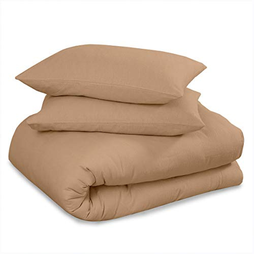 Luxury Super Soft Plain Dyed Flannel Sheet Set, Fitted Bedsheet and Flat Bedcloth with Matching Pillow Cases, 100% Brushed Cotton Easy Care Flannelette Bed Linen, Latte, Double Size Bedding