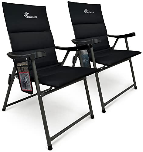 SUNMER Padded Garden Camping Chairs Foldable with Side Pocket, Holds up to 120kg, Lightweight 4kg per Chair, Outdoor Seat for Camping, Fishing, Relaxing - Black
