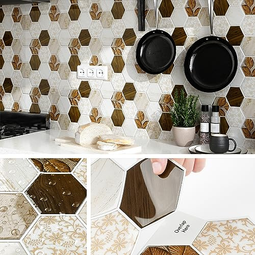 Livelynine 16 Stück Selbstklebende Fliesen Küche Wand Hexagon 30.5x30.5CM Fliesenaufkleber Bad Holzoptik Vintage Fliesenfolie Küche Hitzebeständig Abwaschbar Fliesensticker Badezimmer Küchenrückwand
