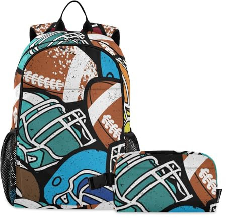 OWFKAY Kinder-Rucksack, American Football Bälle und Helm, für Jungen und Mädchen, Schulrucksack mit Lunchtasche, Büchertaschen-Set, mehrfarbig, Einheitsgröße