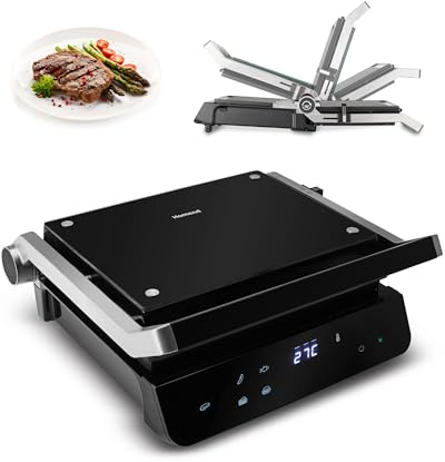 Homend Grilliant 2000W Glass Surface, 5 Pre-Programmed, Detachable Non-Stick Cast Aluminium Plate, 180° Adjustable Double Heating, Led Display, Talking Grill