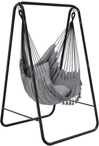 YITAHOME Hammock with Stand, Max. load 150 kg, Sturdy Steel Frame, Hammock Stand with Hanging Swing, 85x92x155 cm, Swing Chair with 2 Hooks and 1 Side Pocket for Patio, Balcony and Garden, Grey