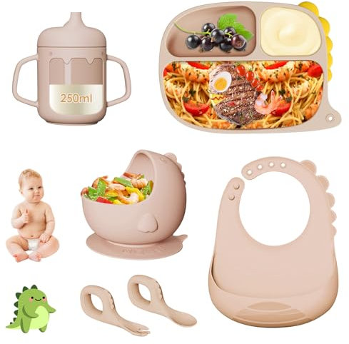 Bwaliffury Kinderteller Sets Silikon, 6 Stück Rutschfest Kindergeschirr Set mit Saugnapf Löffel Gabel Schüssel Becher Lätzchen Teller, Fruchtsauger Set für Babys Kleinkinder, BPA frei (Beige)
