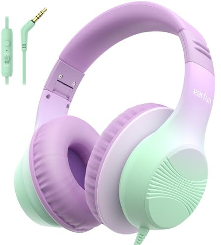 EarFun K3 - Auriculares para niños, auriculares sobre la oreja con micrófonos, límite de volumen de 85/94 dB, sonido estéreo HD, auriculares plegables con cable para escuela, viajes, niños, niñas