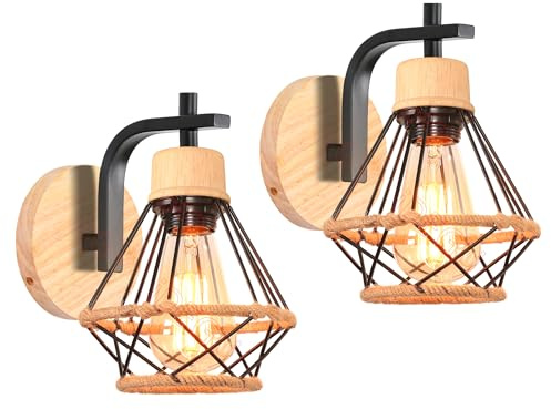 iDEGU Lot de 2 Applique Murale Industrielle, 16CM Vintage Lampe Murale Interieur en Fer Bois Decoration Rétro Luminaire avec Corde de Chanvre E27 Éclairage Mural pour Chambre Salon Cuisine (Blanc)