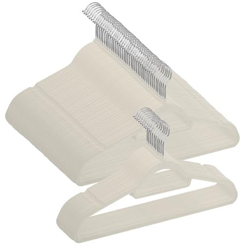 MELA'S Velvet Hangers, Set of 100, Non-Slip Clothes Hanger, Small Tie Bar, Rotating Hook,Thickness 0.6 cm,Space-Saving, Length 44 cm for Coats/Trousers/Ties, Grey/White/Black (Cream White)