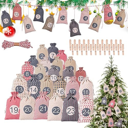Adventskalender Zum Befüllen, 24 Geschenksäckchen Kette Zum Selber Befüllbar Aufhängen, Jutebeutel 24-Tage-Weihnachtskalender-Countdown-Beutel, Weihnachtsornament-Kordelzugbeutel, Weihnachtsdekoration