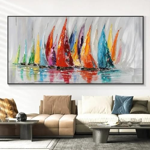 LZJAGXX Dipinto ad olio su tela con barca a vela colorata astratta - Poster e stampe moderne, quadri da parete, decorazioni per la casa e l'ufficio, senza cornice, 70x140 cm