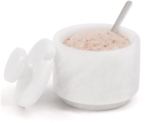 MARBLOUS KRAFTS Saltkällare i marmor med lock & sked 7,6 cm vit liten flingig saltbehållare, kryddburk, kryddförvaringsbänk, perfekt för saltlåda, sockerburk köksinredning