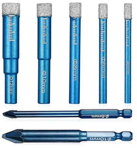Faankiton 7PCS Diamond Drill Bits Set, Core Drill Bit Kit, Dry Diamond Drill Bit Set, Porcelain Tile Drill Bits Set Glass Drill Bit 5/6/8/10/12 mm with 6/10 mm Carbide Bit for Stone Granite Marble