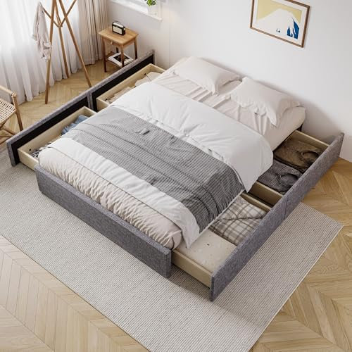 BTM Double Bed with Storage, Platform Bed with 4 Drawers, Linen Divan Bed Base with 4 Drawers, Linen&Iron, 135x190cm-4ft6, No Mattress
