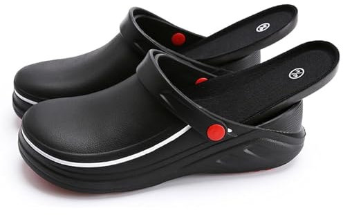 Lockenstab Ölbeständige Kochschuhe, Clogs Für Damen Und Herren, rutschfeste Küchenschuhe, Garten-Sicherheits-Arbeitsschuhe Mit Bequemer Sport-Einlegesohle(Black,43 EU)