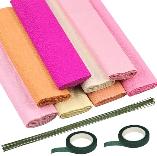 Swpeet 30Pcs 8Colors 9,8 x 98 Pouces Feuilles de Papier Crêpe Rouleaux avec fil de Tige Floral et Kit d'assortiment de Ruban, 8,2 Pieds kit d'arrangement de Fleurs pour la Décoration de fête
