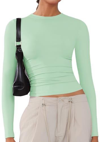 Women's Long Sleeve Shirts Crew Neck Tops Basic Tees T-Shirts Sage Green M