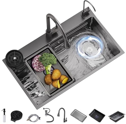 Diskbänk rostfritt stål 68 x 45 cm | 1 handfat inbyggd diskbänk + plus filter (5 mm, 110 mm avlopp) & 3-i-1 utdragbar armatur (360°, 60 cm) | 3D antiförorening, dubbeltrappa och ljudisolering