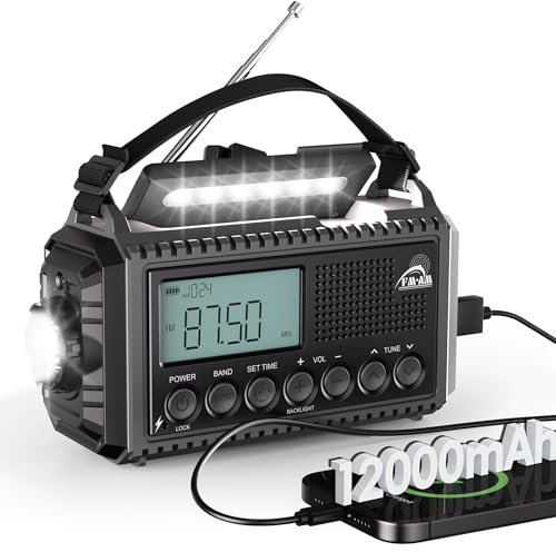 12000mAh Solar & Hand Crank Emergency Radio – Portable AM/FM Survival Radio with USB Phone Charger, SOS Alarm, Flashlight for Outdoor Adventures & Power Outages