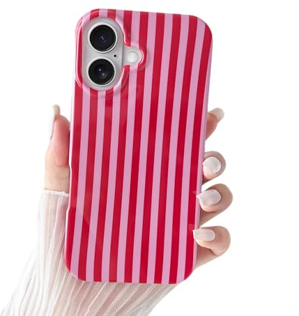 SmoBea for iPhone 16 Case Cute Striped Phone Case Soft TPU Slim Shockproof Phone Cover for Women Girls Beautiful and Stylish, Red and Pink