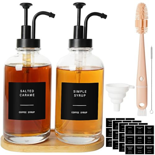 Set med glasflaskor för kaffe syrup med pumpdispenser, 2 x 500 ml flaskor för kaffe - inkluderar etiketter, tratt, bricka och rengöringstillbehör