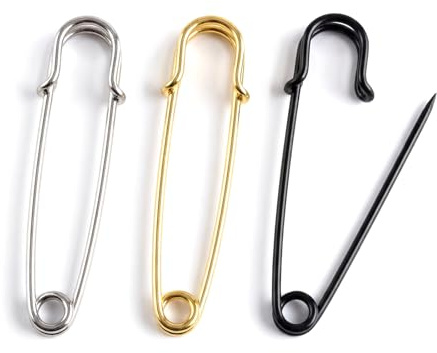 Lot de 24 grandes épingles à nourrice de 75 mm pour vêtements | Épingles de sécurité extra larges pour vêtements, matelassage, écharpe, jupes (blanc argenté, doré, noir)