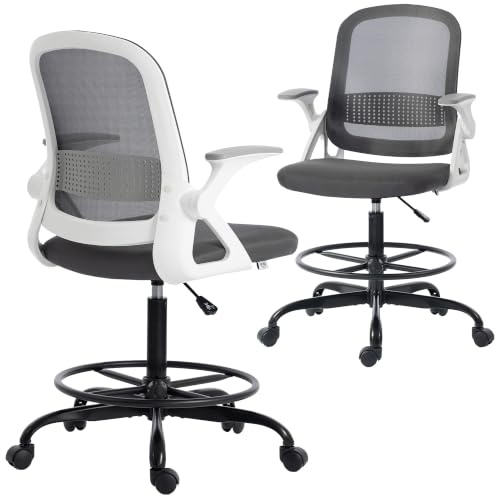 HOMCOM Drafting Chair Tall Office Desk Chair with Flip-up Armrests Grey | Adjustable Height, Footrest, Lumbar Support, for Standing Desk, Home Office Use
