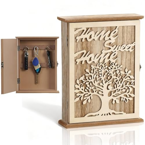 Tianher Caja Llaves, Armario Llaves Pared con 6 Colgadores Diseño Decorativa Árbol De La Vida Armario De Madera para Entrada Pasillo Oficina (26 * 20 * 6cm)