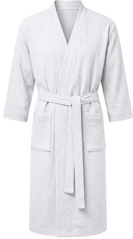 AUYAO Peignoir de Bain Homme et Femme, Peignoir Léger et Doux, Robe de Chambre avec Poches, Ceinture, Sortie de Bain Gaufré Homme, Vêtements de Nuit pour Hommes, Blanc, L