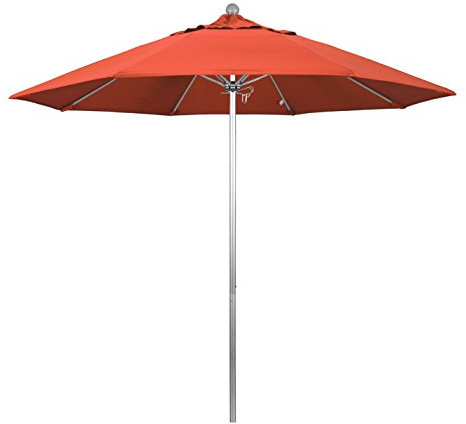 California Umbrella 9' Round Aluminum/Fiberglass Umbrella, Push Open, Silver Pole, Olefin Sunset Fabric