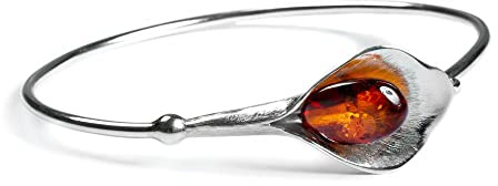HENRYKA Calla lilja blomma armband i silver och konjak bärnsten med presentask, 7 inches, Silver Silver Amber, - Amber