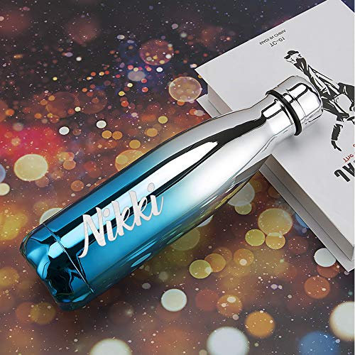 EDSG Personalised Engraved Insulated Water Bottle | Stainless Steel Water Bottle | Double Walled Drink Bottle Keep 12 Hours Hot & 24 Hours Cold 500ML | Vaccum Flask (Silver To Blue)