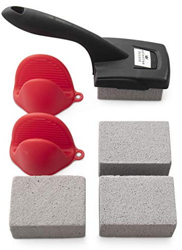 Collection Beyond BBQ Cleaning Bricks - 4 Pack of Pumice Stones with a Black Handle Holder - Grill Cleaning Kit - Complete with Silicone Gloves