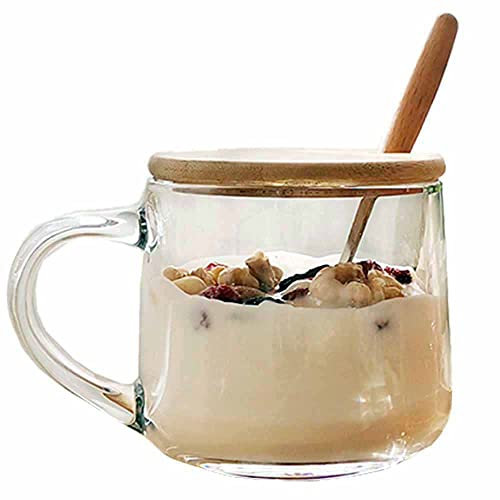 TAMUME 380ML Bol à Céréales en Verre, Tasse en Verre de Petit-déjeuner avec Couvercle en Bois et Cuillère