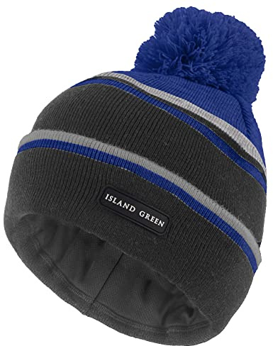 Island Green IGHAT2135 Gorro de pompón de punto para hombres con banda interior suave gorro beanie, Carbón/Azul/Gris Claro, Talla única