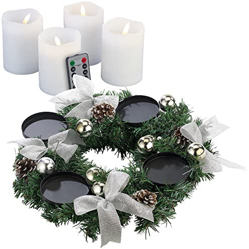 Britesta Weihnachtskranz Deko: Adventskranz mit silberfarbenem Schmuck, inkl. LED-Kerzen in weiß (Weihnachtsschmuck Tischkranz, Adventskranz klassisch, Weihnachten)