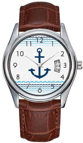 Montre à quartz pour homme - Style décontracté - Étanche - Avec date - Classique - En cuir marron - Montre de Noël - Ancre - Yacht - Bateau - Nautique - Voile - Tapis de voiture, marron, commercial
