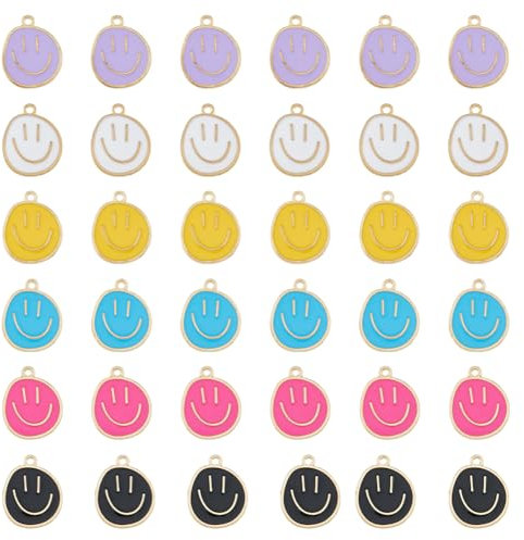 SUPERFINDINGS 60 Stück 6 Farben Smiley Anhänger Smile Face Charms Legierung Emaille Bunte Charm Goldfarben Flach Rund Lächelndes Gesicht Baumelnde Charms Für Die Herstellung von Ohrringen,Bohrung: 2mm